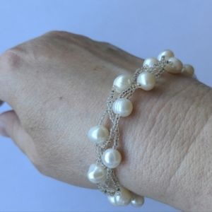 Natural white pearls beaded woven bracelet, easy closure, 8" long